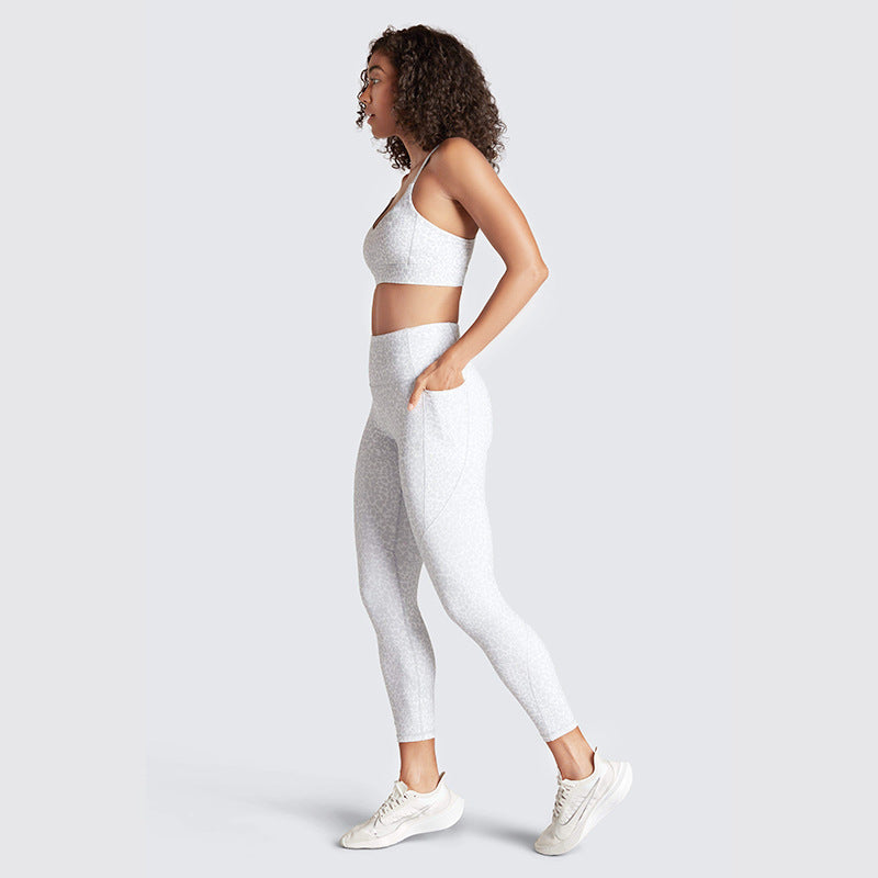 Printed Pocket Halter Bra Trousers Fitness Suit
